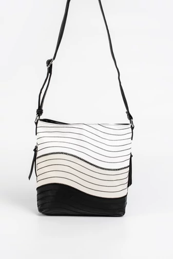 Geantă Crossbody Negru-Alb Piele Ecologică cu Cusătură Decor