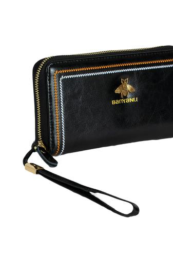 Portofel pentru Dame Din Piele Naturală  Negru cu Model cu Cusătură 