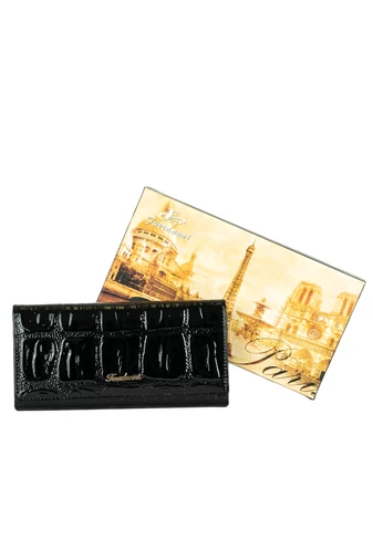 Fuerdanni Portofel de Damă Lacuit de Culoare Neagră Din Piele Naturală , Dimensiuni 18,5* 9* 3cm