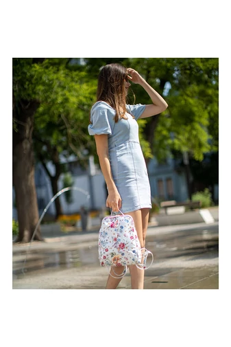Besty Rucsac Alb Cu Flori Colorate Din Piele Naturală