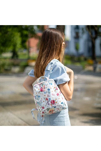 Besty Rucsac Alb Cu Flori Colorate Din Piele Naturală