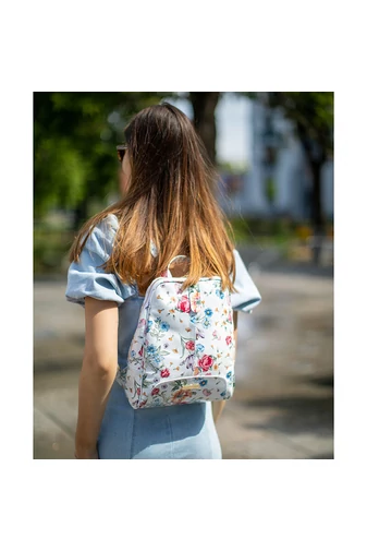 Besty Rucsac Alb Cu Flori Colorate Din Piele Naturală