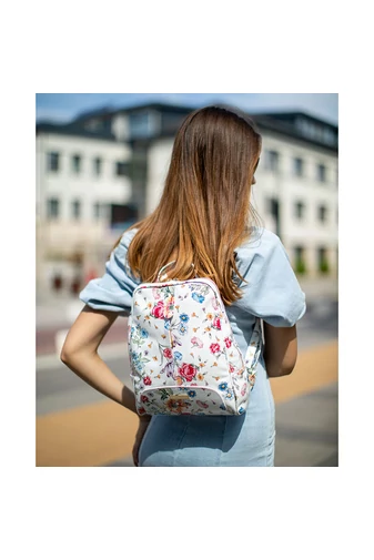 Besty Rucsac Alb Cu Flori Colorate Din Piele Naturală