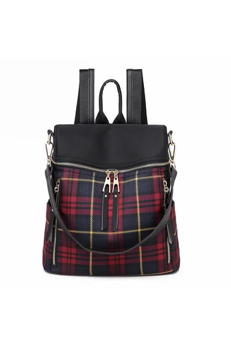 Bonluo Rucsac/Geantă De Umăr Mini De Damă Negru Cu Carouri Roșii Din Material Impermeabil  
