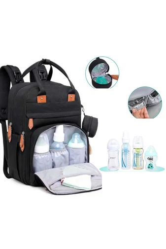 Bonluo Set Rucsac Multifuncțional Negru Pentru Mămici Cu Saltea Pentru Înfășat Nou-Născuți Dimensiune (40x30x18cm)