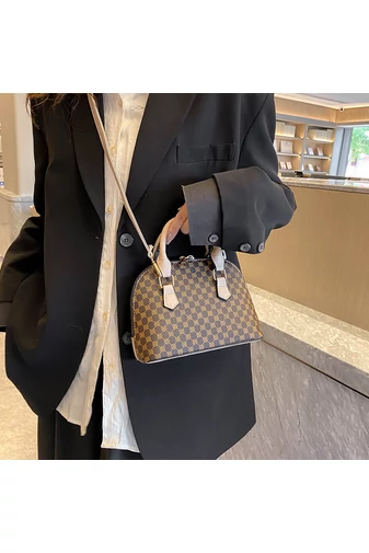 Bonluo Geantă De Mână Mini Maro Închis Cu Model Cu Bretele Bej   