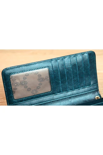 Bonluo Portofel Damă Albastru Turcoaz Din Piele Naturală Premium Cu Două Spații Dimensiune (19x9,5x3cm)