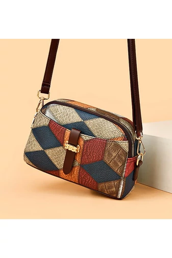 Geantă Crossbody Bonluo Maro Cu Model Colorat Din Imitație De Piele Dimensiunea 15*21*7 cm 