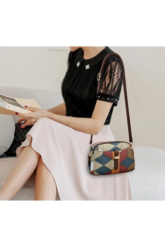 Geantă Crossbody Bonluo Maro Cu Model Colorat Din Imitație De Piele Dimensiunea 15*21*7 cm 