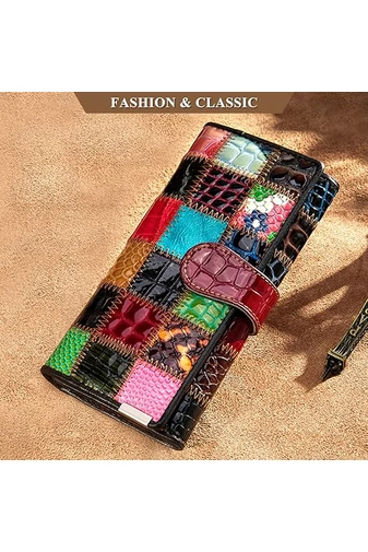 Portofel Colaj Colorat Cu Cusături 3D Bonluo Din Piele Naturală (19*9,5*3,5cm)