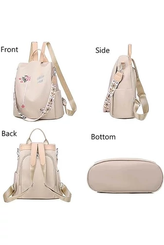 Rucsac Damă Bonluo Bej Cu Flori Brodate Din Material Impermeabil Dimensiune 32*29*11cm 