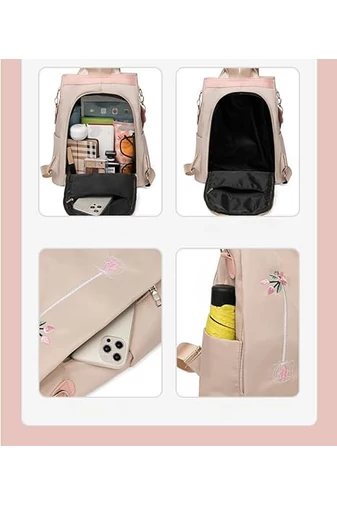 Rucsac Damă Bonluo Bej Cu Flori Brodate Din Material Impermeabil Dimensiune 32*29*11cm 