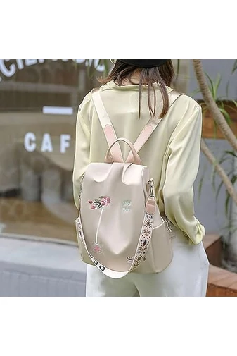 Rucsac Damă Bonluo Bej Cu Flori Brodate Din Material Impermeabil Dimensiune 32*29*11cm 