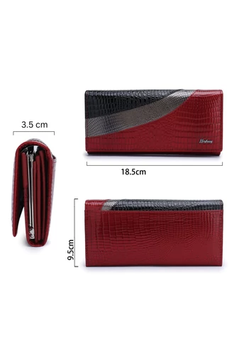 Portofel Damă Bonluo Roșu Cu Model Negru Și Metalic Din Piele De Vacă Despicată Lăcuită De Dimensiunea 9.5*18.5*3.5 cm