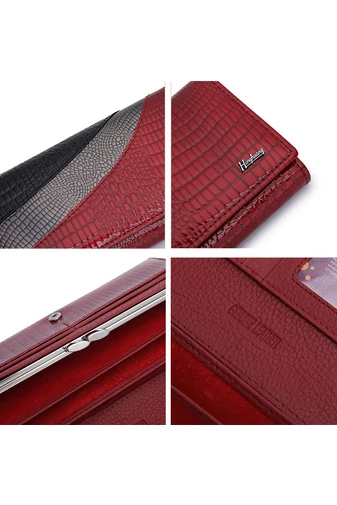 Portofel Damă Bonluo Roșu Cu Model Negru Și Metalic Din Piele De Vacă Despicată Lăcuită De Dimensiunea 9.5*18.5*3.5 cm