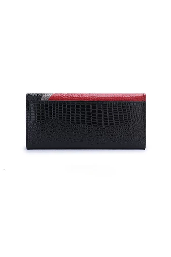 Portofel Damă Bonluo Negru Cu Model Roșu Și Metalic Din Piele De Vacă Despicată Lăcuită De Dimensiunea 9.5*18.5*3.5 cm
