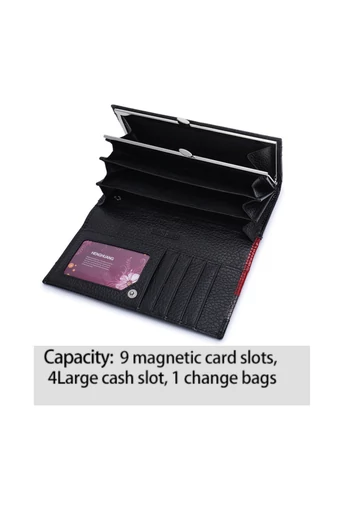 Portofel Damă Bonluo Negru Cu Model Roșu Și Metalic Din Piele De Vacă Despicată Lăcuită De Dimensiunea 9.5*18.5*3.5 cm