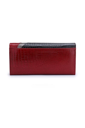 Portofel Damă Bonluo Roșu Cu Model Negru Și Metalic Din Piele De Vacă Despicată Lăcuită De Dimensiunea 9.5*18.5*3.5 cm