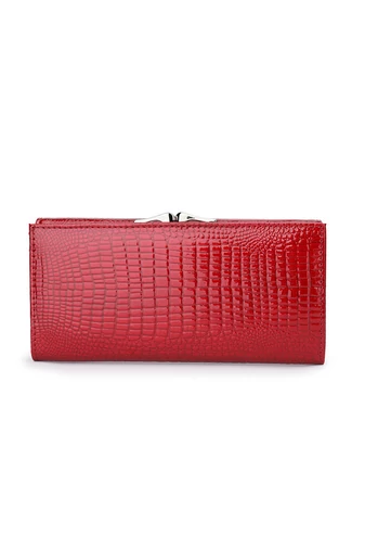 Portofel Damă Bonluo Lăcuit Roșu Din Piele De Vacă Despicată Cu Model Piele De Crocodil De Dimensiunea 9*19*3cm