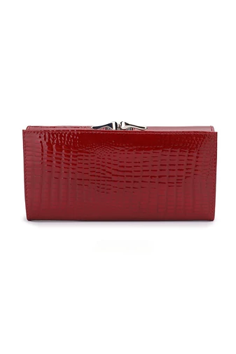 Portofel Damă Elegant Bonluo Roșu Din Piele Naturală Lăcuita Cu Model Piele De Crocodil Dimensiunea 9*18*3cm