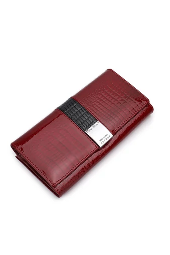 Portofel Damă Elegant Bonluo Roșu Din Piele Naturală Lăcuita Cu Model Piele De Crocodil Dimensiunea 9*18*3cm