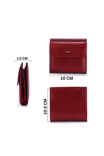 Portofel Damă Bonluo Roșu Lăcuit Din Piele De Vacă Despicată Cu Model Piele De Crocodil De Dimensiunea 10.5*10*1.5cm