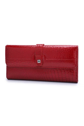 Portofel Damă Bonluo Roșu Lăcuită Din Piele Naturală Cu Model Piele De Crocodil De Dimensiunea 10*19*3cm