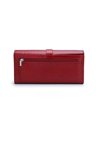 Portofel Damă Bonluo Roșu Lăcuită Din Piele Naturală Cu Model Piele De Crocodil De Dimensiunea 10*19*3cm