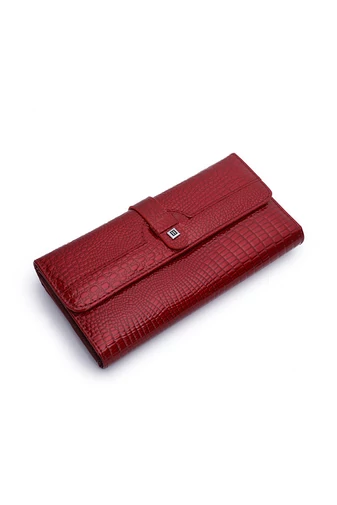 Portofel Damă Bonluo Roșu Lăcuită Din Piele Naturală Cu Model Piele De Crocodil De Dimensiunea 10*19*3cm