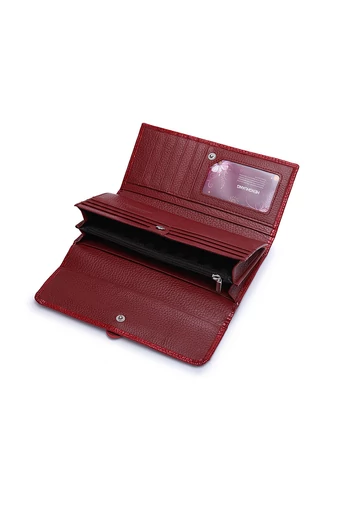 Portofel Damă Bonluo Roșu Lăcuită Din Piele Naturală Cu Model Piele De Crocodil De Dimensiunea 10*19*3cm