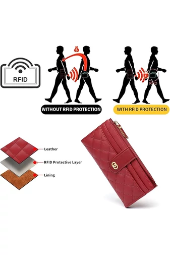 Portofel Elegant Damă Bonluo Roșu Din Imitație De Piele Cu Protecție RFID Și Multiple Compartimente De Dimensiunea 19*10*2cm