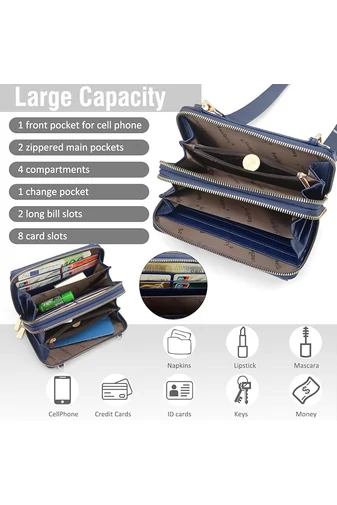 Geantă Crossbody 2în1 Portofel Bonluo Albastru Închis Din Imitație De Piele Cu Un Design Compact Și Un Mini Portofel Atașat De Dimensiunea 11*19*7cm 