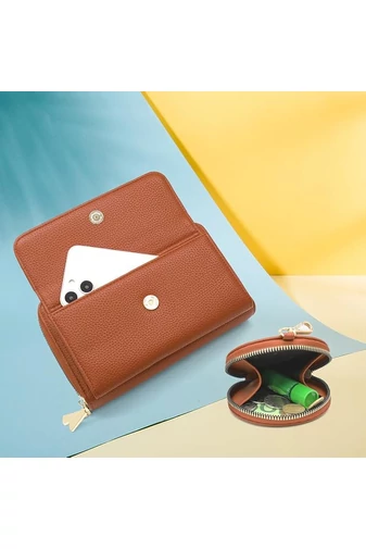 Geantă Crossbody 2în1 Portofel Bonluo Maro Din Imitație De Piele Cu Un Design Compact Și Un Mini Portofel Atașat De Dimensiunea 11*19*7cm 