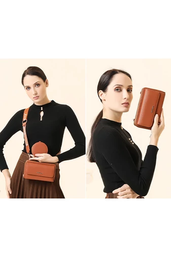 Geantă Crossbody 2în1 Portofel Bonluo Maro Din Imitație De Piele Cu Un Design Compact Și Un Mini Portofel Atașat De Dimensiunea 11*19*7cm 