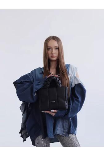 Geantă Elegantă De Mână Și De Umăr Neagră Bonluo Versatilă Cu Mânere Împletite Material Impermeabil (17,5*22*7cm)