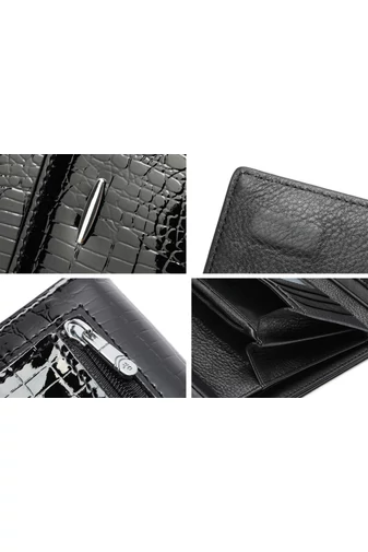 Portofel Elegant Negru Bonluo Din Piele Naturală Lăcuita Cu Design Model Piatra (14*10cm)