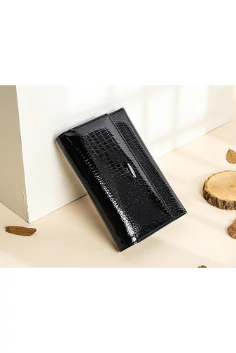 Portofel Elegant Negru Bonluo Din Piele Naturală Lăcuita Cu Design Model Piatra (14*10cm)