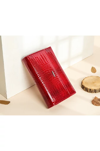 Portofel Elegant Roșu Bonluo Din Piele Naturală Lăcuita Cu Design Model Piatra (14*10cm)