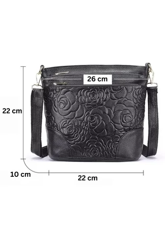 Geantă De Umăr Crossbogy Bonluo Neagră Din Piele Naturală Cu Design Floral Embosat (22*28*10cm)