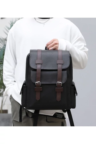 Rucsac Barbați Negru Din Imitație Piele Cu Spațiu Pentru Laptop De 15,6 inch Capacitate 20-35L Dimensiune (38*34*12cm)