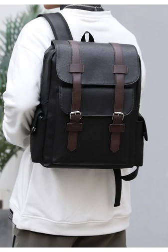 Rucsac Barbați Negru Din Imitație Piele Cu Spațiu Pentru Laptop De 15,6 inch Capacitate 20-35L Dimensiune (38*34*12cm)
