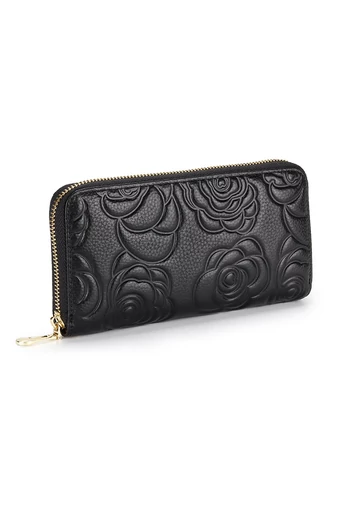 Portofel Negru Bonluo Din Piele Naturală Cu Imprimeu Floral Și Brățara De Încheietura (19*10*2cm)