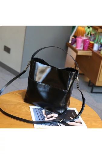 Geantă Elegantă Neagră Bonluo Din Piele Naturală Model Versatil Cu Curea Reglabilă (24*14*25cm)