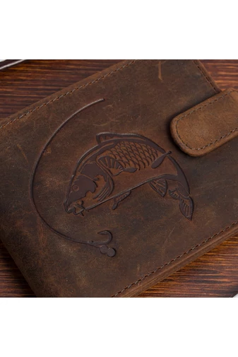 Portofel Maro Din Piele Naturală  Model Pește Gravat Vintage Cu Protecție RFID Și Compartimente Multiple(9*12*2cm)