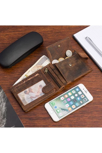 Portofel Maro Din Piele Naturală  Model Pește Gravat Vintage Cu Protecție RFID Și Compartimente Multiple(9*12*2cm)