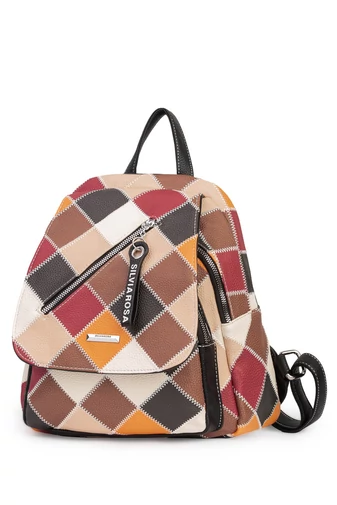 Rucsac Din Piele Ecologică Silvia Rosa, Negru Cu Model Colorat În Culori De Toamnă(31*33*12cm)