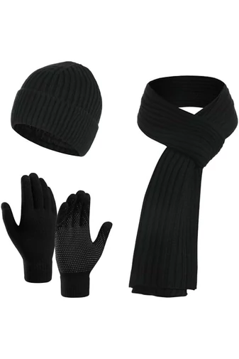 Set Căciulă, Fular Și Mănuși Pentru Bărbați Bonluo Negru