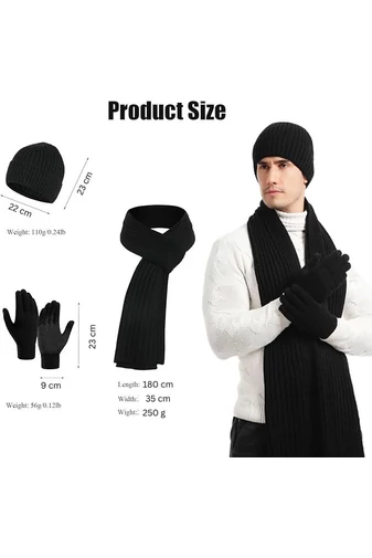 Set Căciulă, Fular Și Mănuși Pentru Bărbați Bonluo Negru