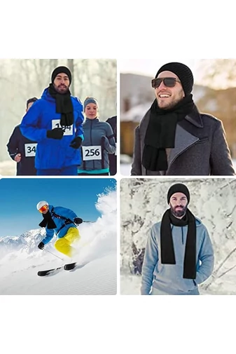 Set Căciulă, Fular Și Mănuși Pentru Bărbați Bonluo Negru