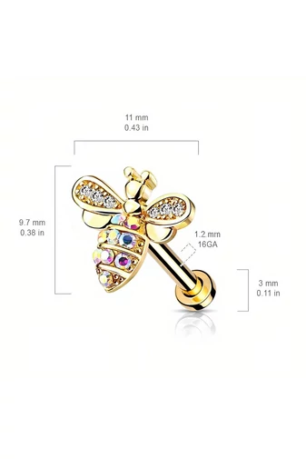 Piercing Auriu Tip Labret Cu Albină Și Cristale Din Oțel Inoxidabil Medical 316L
